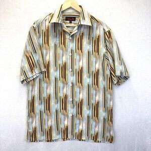 Vintage Retro Geometric Shirt Mens Medium Button Up 90s Y2k Brown Blue Bowling